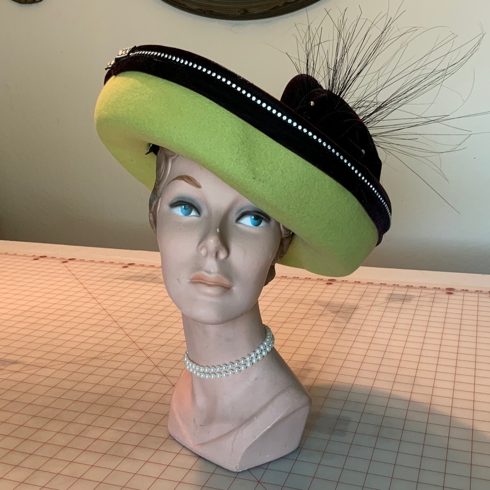 Fabulous Chartreuse 1980’s hat with rhinestones and black trim